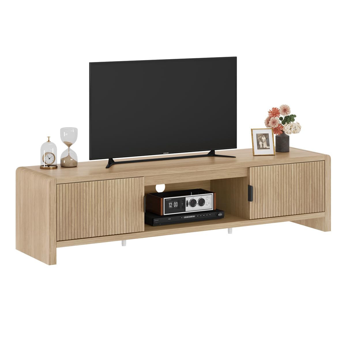 FATORRI TV Stand for TVs up to 75/65/55 Inch, Wood Entertainment Center with Storage, Farmhouse Waveform Fluted-Door Television Media Console for Living Room, Bedroom (63 Inch W, Light Walnut)