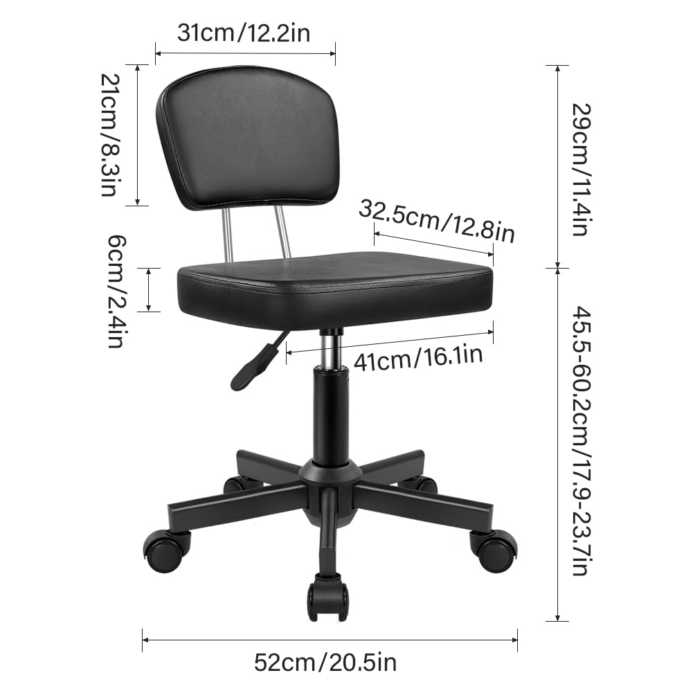 WKWKER Rolling Stool Chair with Backrest Height Adjustable 360° Swivel Stool with Wheels Square Seat PU Leather Rolling Stool for Bedroom Counter Shop Salon Massage Home Office Drafting Work (Black)