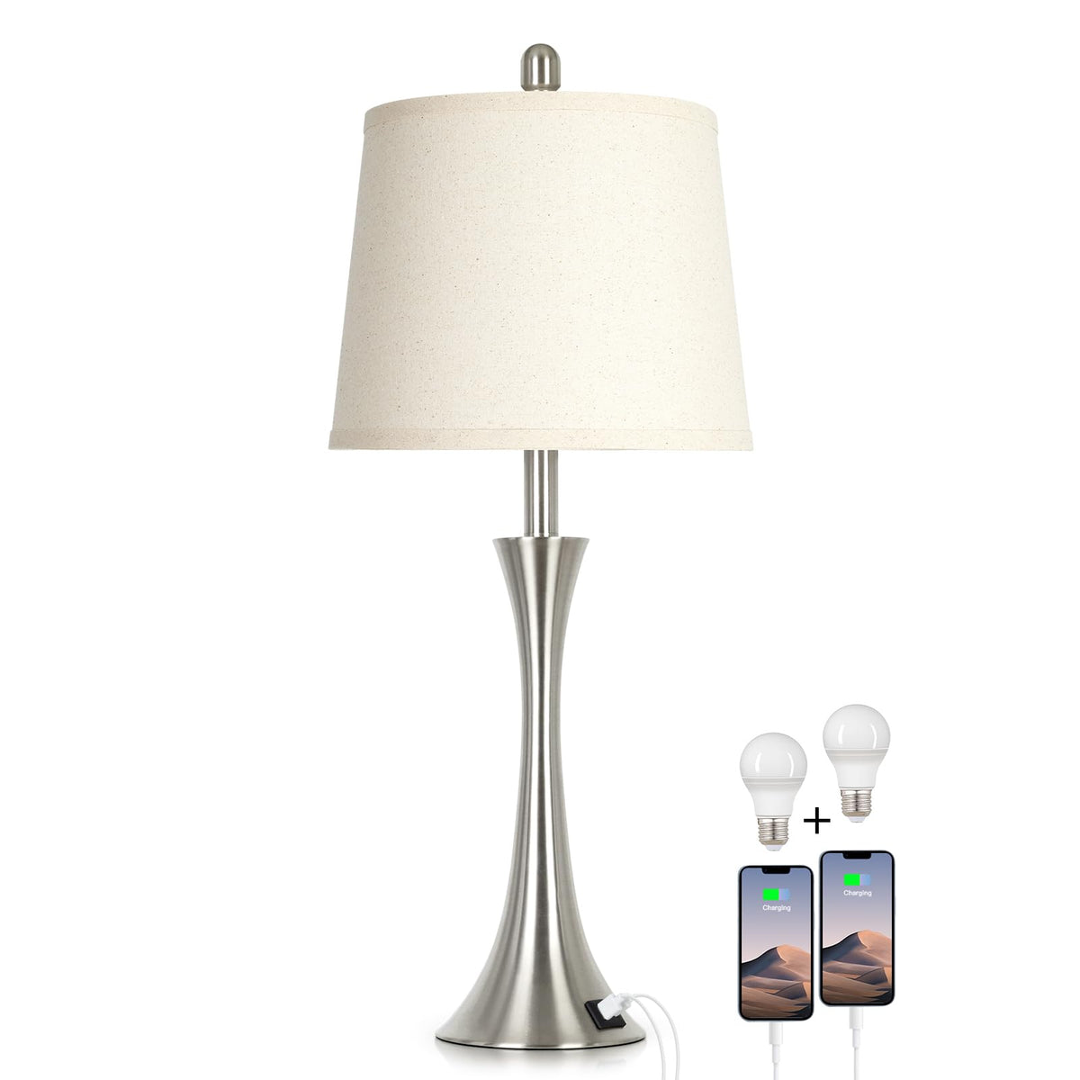 Rinweey 27.5" Silver Table Lamps, Touch Bedside Lamps with USB C+A Ports, 3 Way Dimmable Nightstand Lamps for Bedroom, Living Room, Office, Silver Lamp with Beige Lampshade, Bulbs Included (1 Pack)