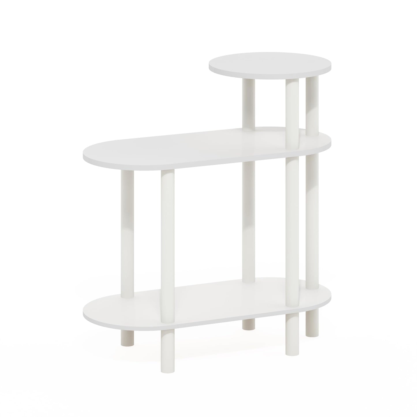 Furinno Turn-N-Tube Side Table, 3-Tier Narrow Sofa End Table with Oval Shelf, Night Stand, Bedside Table, Toolless Assembly, for Living Room, Bedroom, White