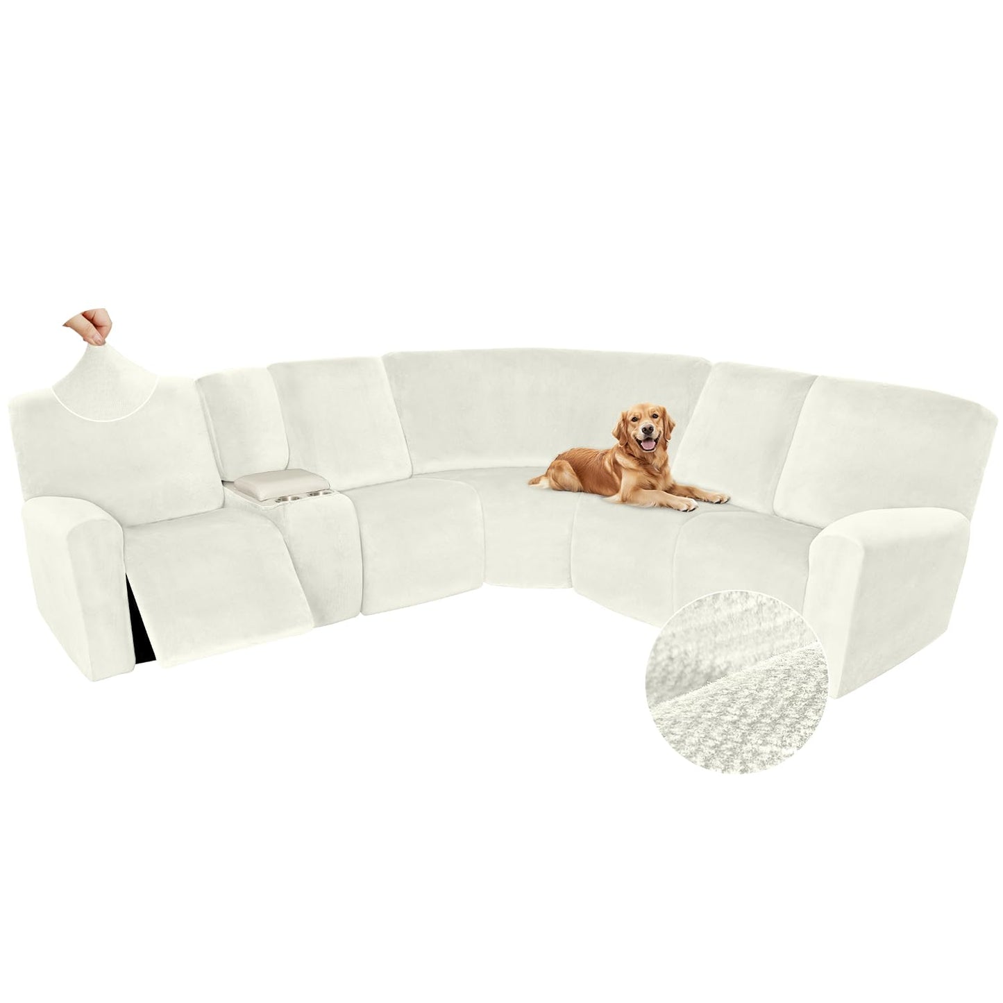 Arfntevss Sectional Recliner Couch Covers Velvet Washable Corner Sectional Sofa Cover for Reclining Stretch Soft Thick L Shape Recliner Slipcover Set (5 Seat with 1 Console Cover, Cream)