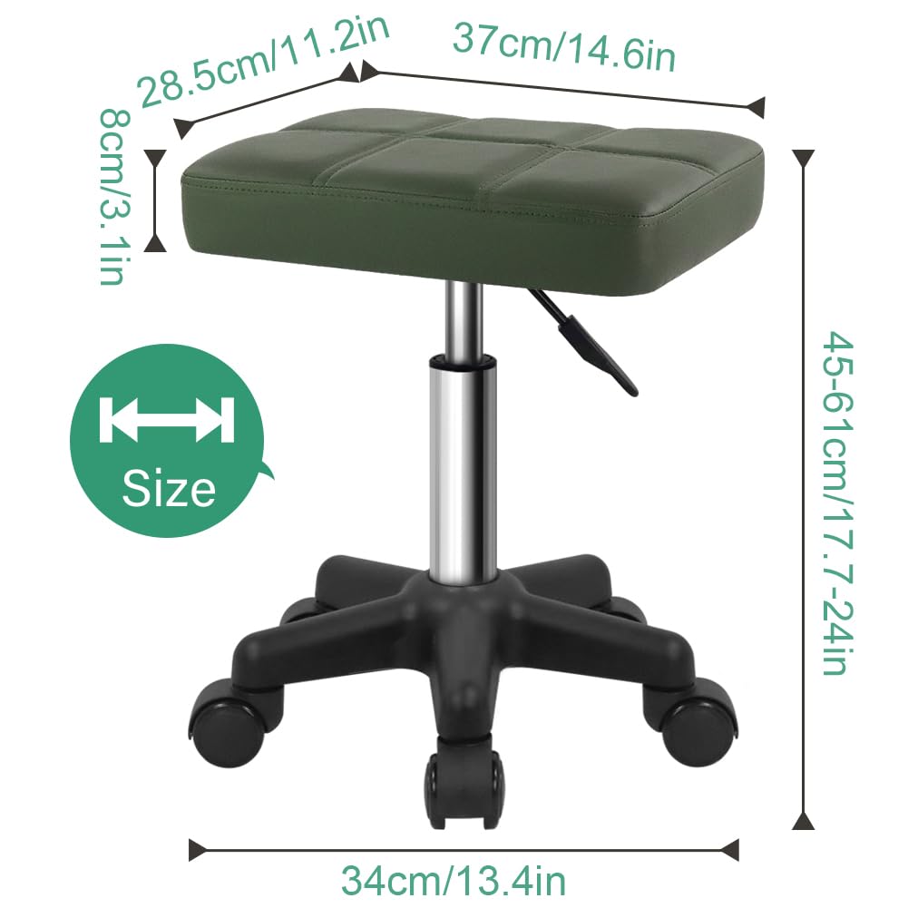 FURWOO Rectangle Rolling Stool with Wheels Height Adjustable Swivel Stool Chair for Spa Salon Massage Green