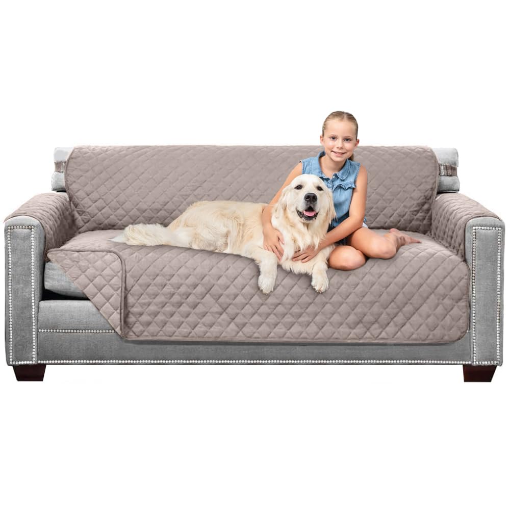 Sofa Shield® Couch Slip Covers for Dogs, Reversible Furniture Protector with Strap, Stain and Tear Resistant Cushion Cover, 70 inch Seat, Machine Washable Slipcover Pets, Cats, Light Taupe
