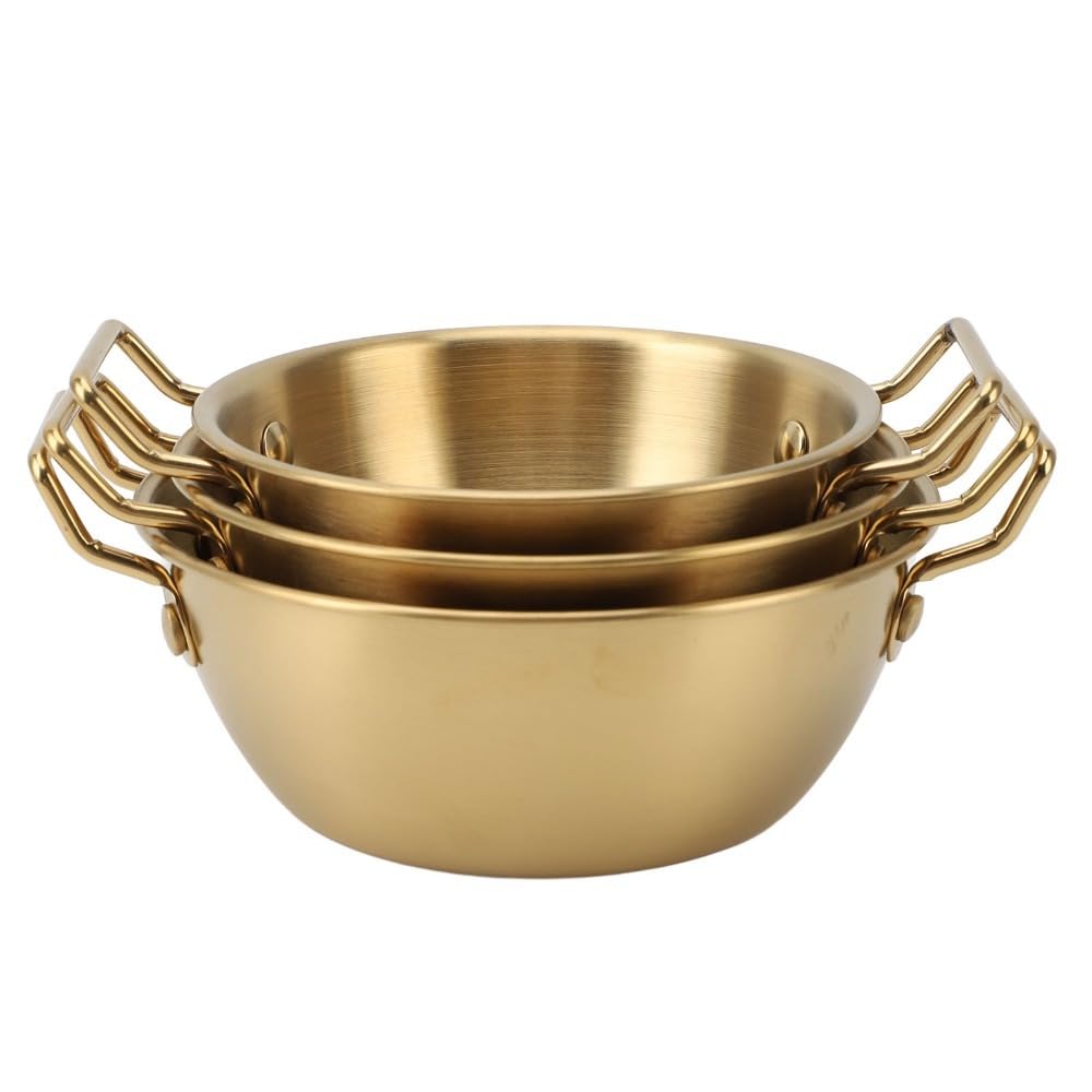 Anu Limen 3 Pcs Multiple Sizes Golden Stainless Steel Round Sauce Bowl with Handle Reusable Stackable Dipping Seasoning Dish for Appetizer Soy Sauce