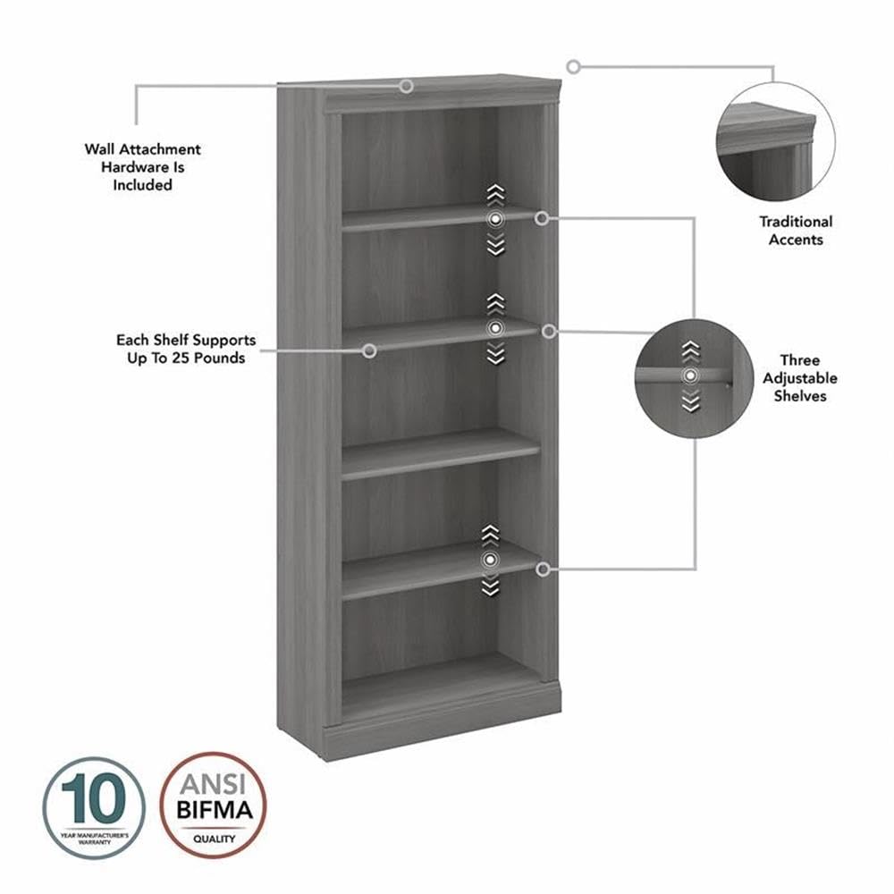 Bush Home Saratoga Tall 5 Shelf Bookcase in Modern Gray, Home Office Organizer, Vertical Storage Solution for Books and Office Supplies, Tall Bookshelf