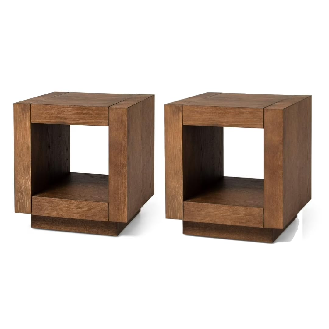 Maven Lane Artemis Side Table (Set of 2) – 22 Inch Square Tables with Storage – Natural Solid Wood – Ideal for Living Room and Bedroom