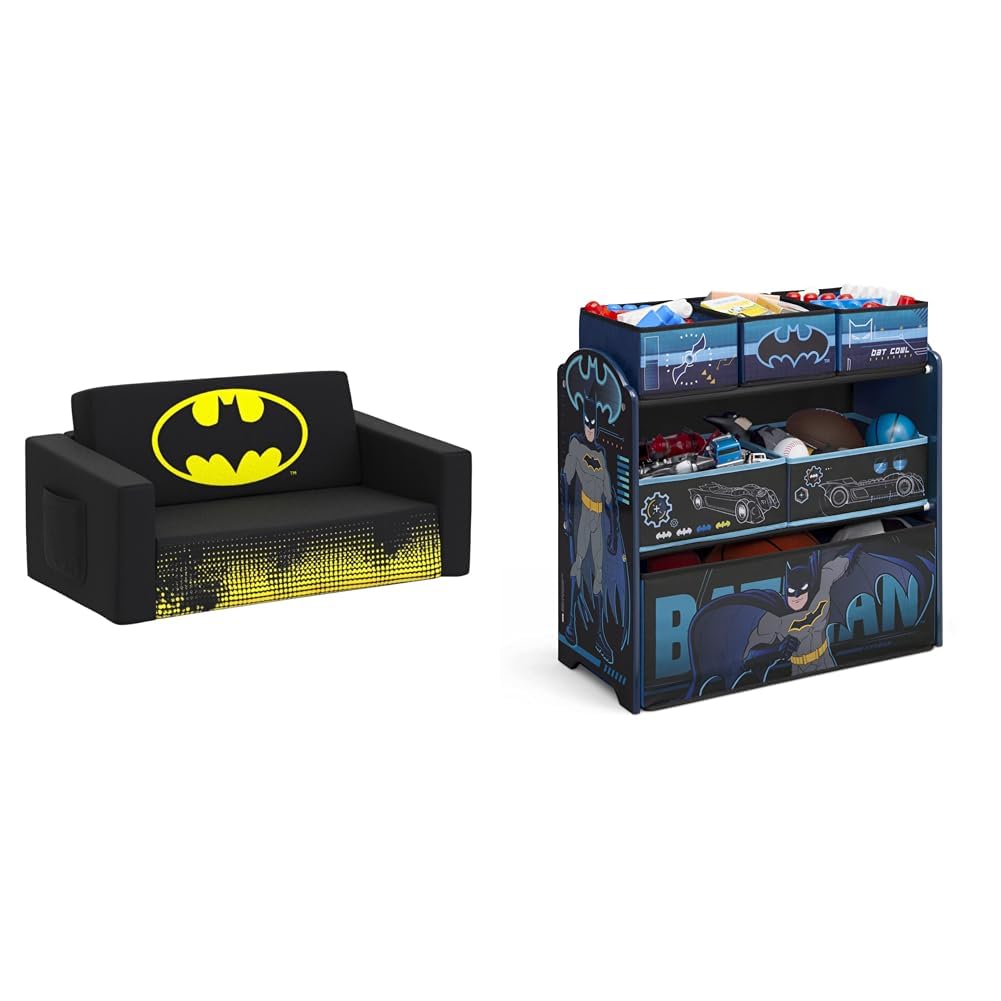 Delta Children Batman Cozee Flip-Out Sofa - 2-in-1 Convertible Sofa to Lounger for Kids Design & Store 6 Bin Toy Storage Organizer, Batman,Engineered Wood