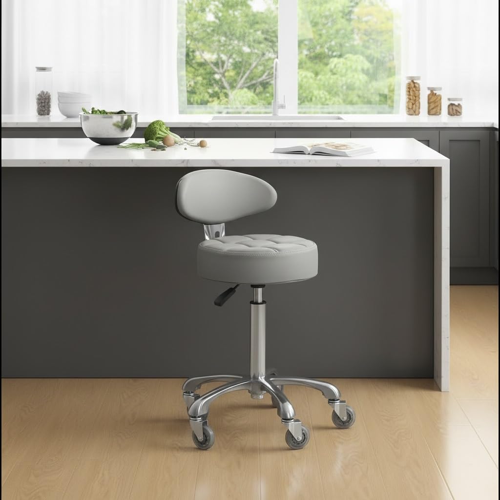 Kaleurrier Swivel Stool Chair Adjustable Height,Heavy Duty Hydraulic Rolling Metal Stool for Kitchen Salon Bar Office Drafting Massage Garage Shop (with Back Rest) (Grey)