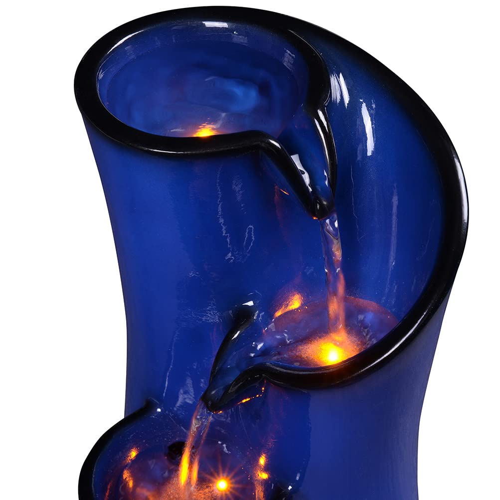 Indoor Water Fountain Imitation Ceramics Appearance Tabletop Relaxation Desktop Waterfall w/ 3 Reflective led, 9.8 Inch Tall (Blue)