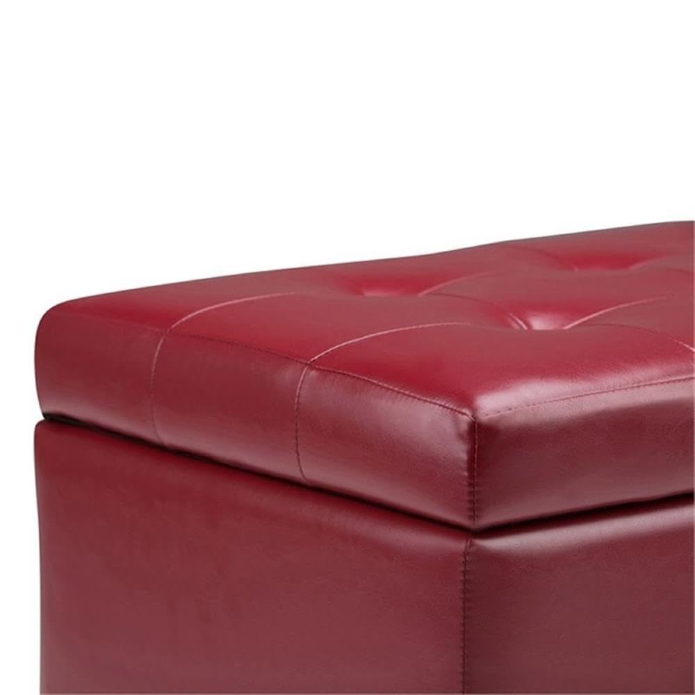 SIMPLIHOME Cosmopolitan Storage Ottoman - 34 inch Wide Upholstered Vegan Leather Rectangle Storage Ottoman Bench in Red, Transitional Tufted Ottoman for Living Room or Entryway with Lift-Up Lid