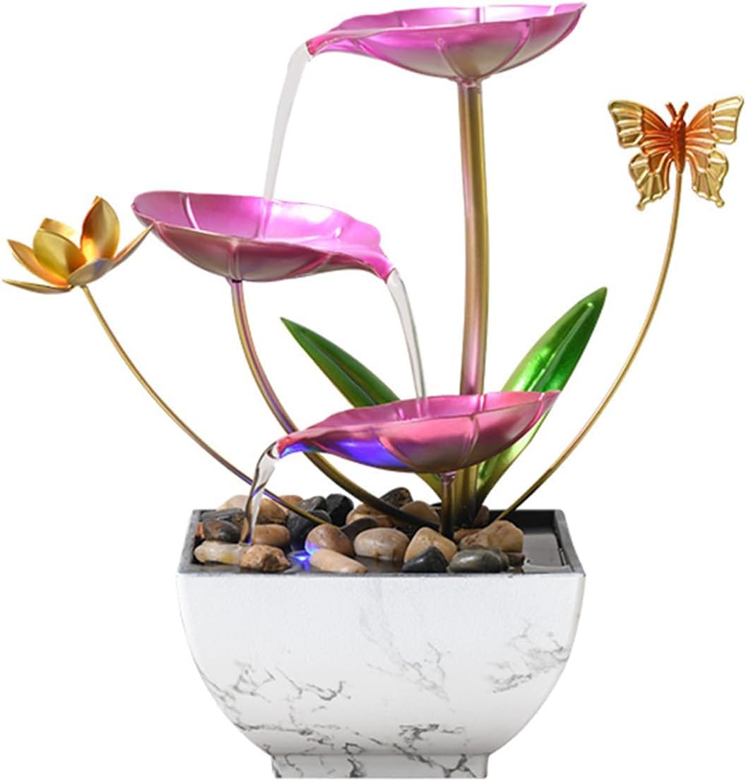Qingyingge 11‘’ H Pink Tabletop Water Fountain, Zen Desktop Waterfall, Indoor Lotus Desktop Decorative Fountain, Home Bathroom Bedroom Decor.