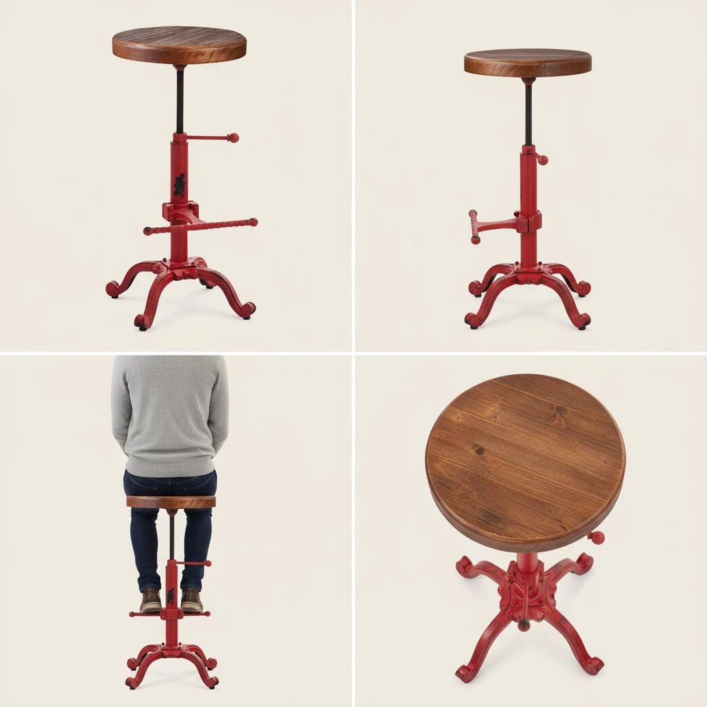 Topower Industrial Retro Vintage Farm Wooden Tractor Stool Kitchen Swivel Height Adjustable Bar Stool (Antique Red)