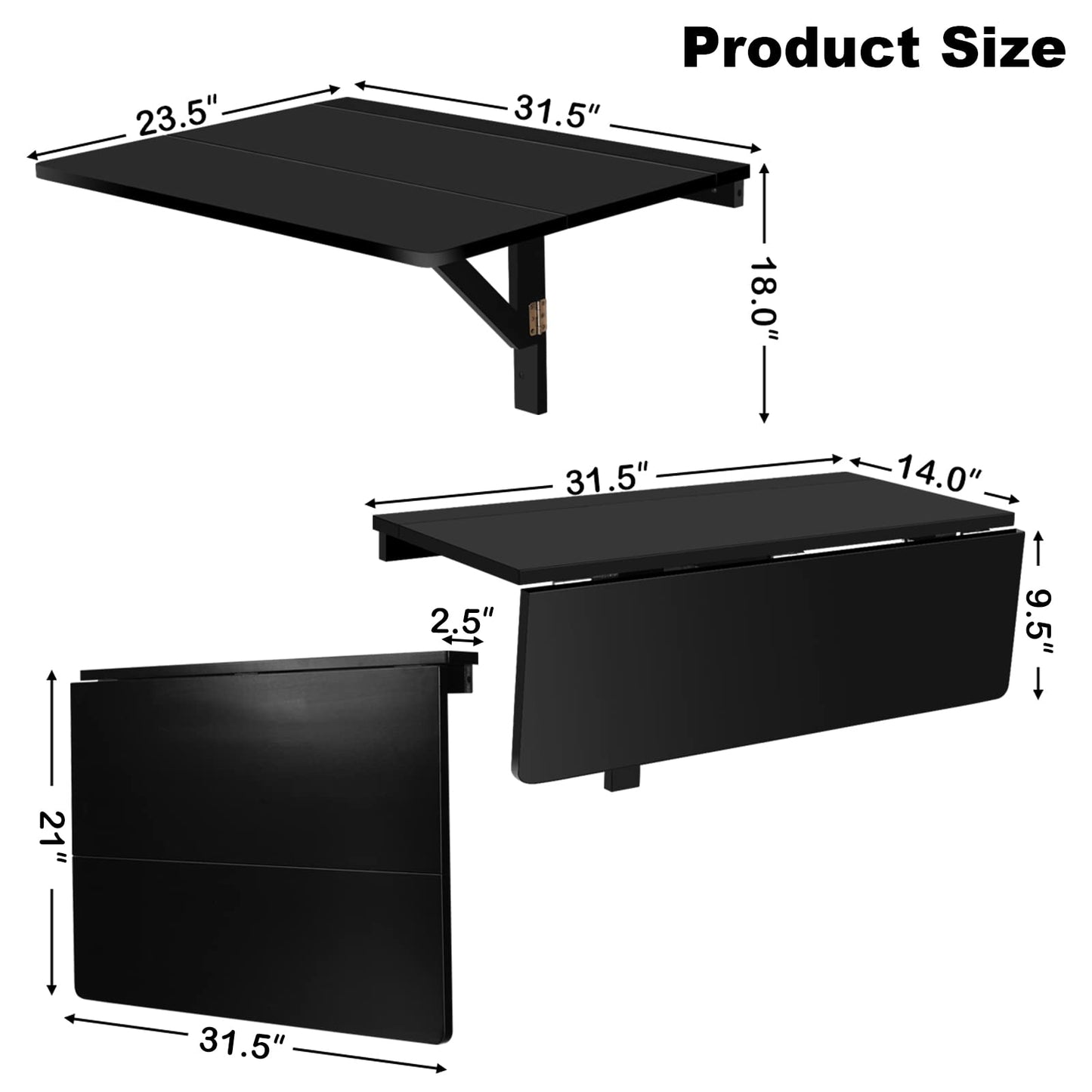 COSTWAY Wall Mounted Folding Table, 31.5" x 23.5" Drop-Leaf Floating Writing Desk for Small Spaces, Space-Saving Fold Down Laptop Workstation for Kitchen, Bedroom, Laundry Room, Study Room (Black)