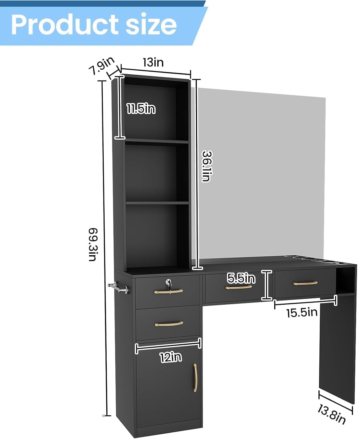Barber Station for Hair Stylist – Salon Station with 4 Drawers (One Lockable), 1 Cabinet & Blow Dryer Holder, Modern Hair Station Barber Desk & Table for Beauty Spa or Estacion de Barberia(No Mirror)
