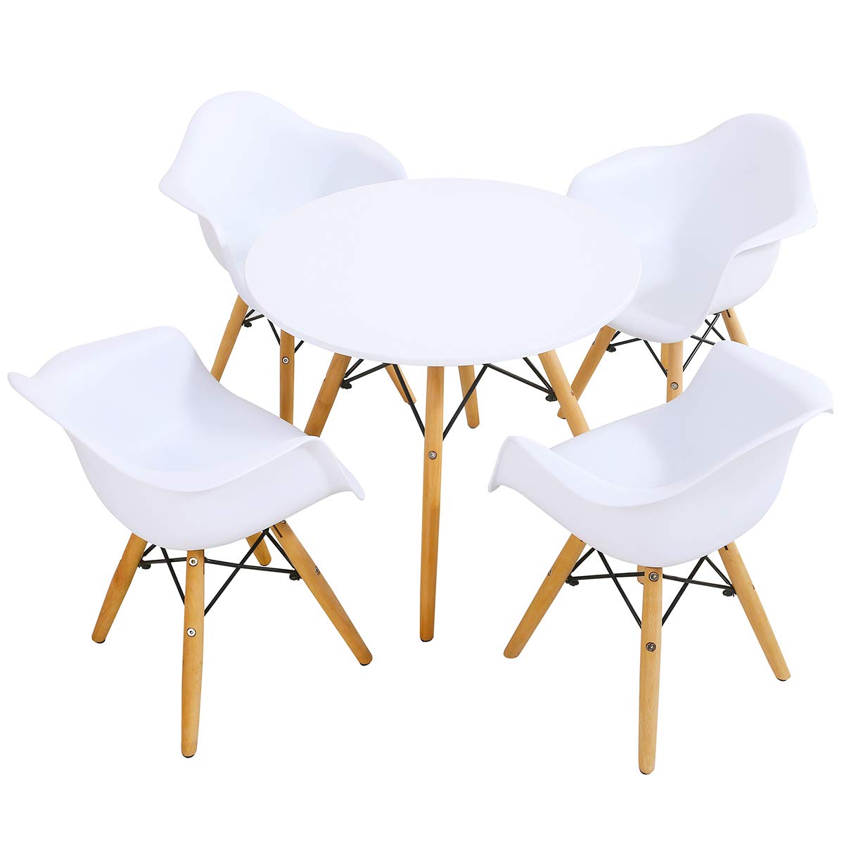 Costzon Kids Table and Chair Set, Mid-Century Modern Style Table Set Round Table with Armchairs for Toddler Children, Kids Dining Table and Chair Set (White, Table & 4 Chairs)