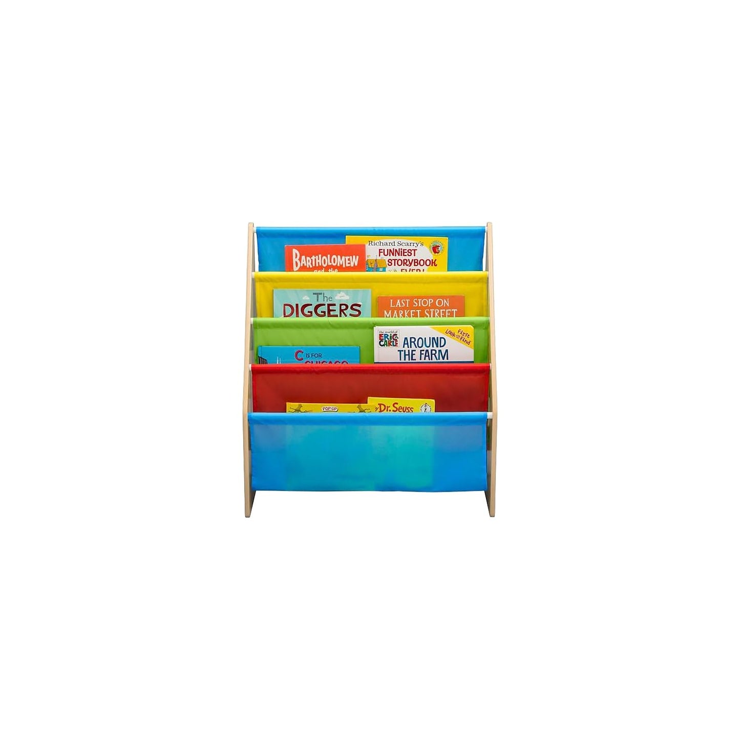 Delta Children Sling Book Rack Bookshelf, 4-Tier Wooden Shelf with Soft Fabric Pockets, Ideal for Playroom, Living Room, Basement, or Bedroom