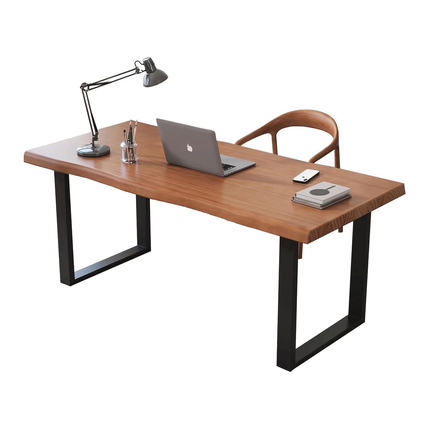 KunAndPeng Stylish Solid Wood Office Desk with Sturdy Metal Base - Durable Executive Computer Desk or Dining Table in Multiple Sizes - Perfect for Home Office and Work Environments (Tan62.99in)