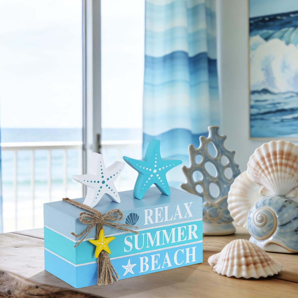 DECSPAS Beach Summer Table Decor, Starfish Wooden Stacked Books Sign for Ocean Tiered Tray Decorations, Coastal Nautical Shelf Table Centerpiece for Home, Room, Mantel, Tabletop, Farmhouse Gift