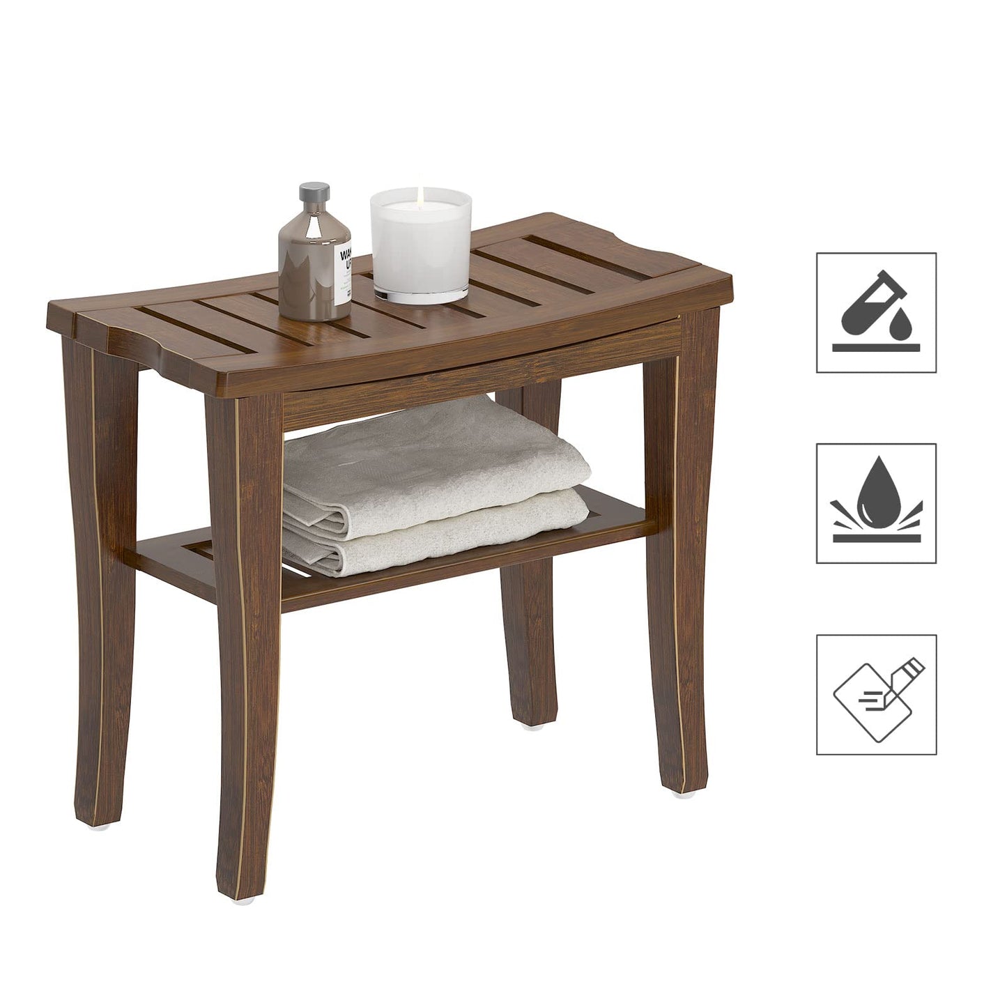 SogesHome Bamboo Shower Bench, Shower Caddies Foot Rest with Storage Shelf for Shampoo Towel, Ideal for Bathroom/Living Room/Bedroom, Dark Brown