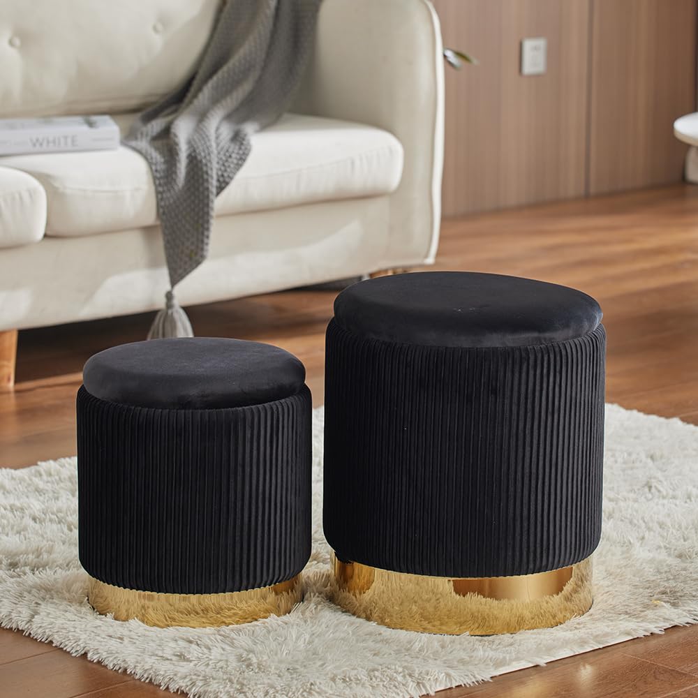 2BYF Round Ottoman with Storage Set of 2 Upholstered Velvet Vanity Stool for Living Room Storage Ottomans Multifunctional Foot Rest (Black with Bottom Gold)