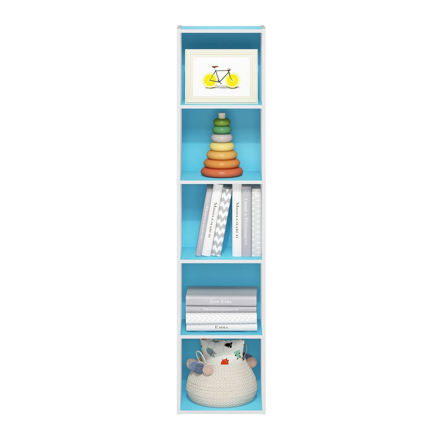 Furinno PASIR Book Shelf, 5-Tier Modern Bookshelf, Open Shelves Bookcase 9 x 12 x 52, Easy Assembly, for Living Room, Bedroom, Home Office, Light Blue/White