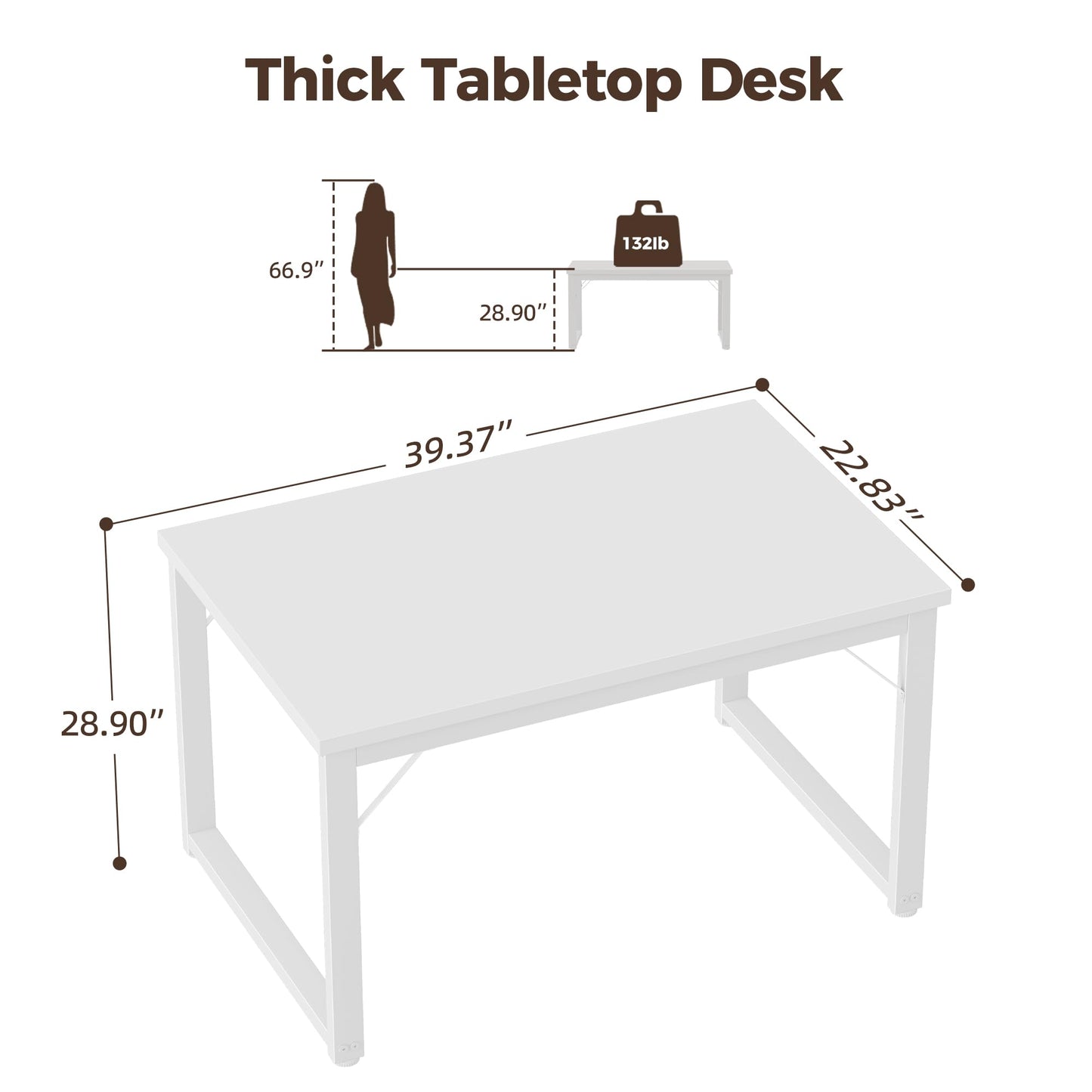 Mericonia 40 Inch Computer Desk, 1" Thick Modern Simple Study Writing Table, Heavy Duty Industrial Office Desk for Home Bedroom Workstation, White