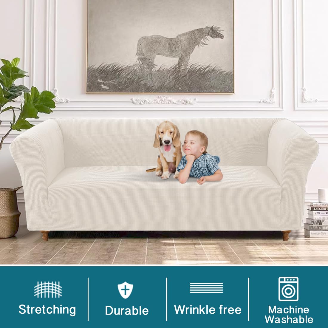 Turquoize Stretch Chesterfield Sofa Covers for Living Room Soft Sofa Couch Covers for 3 Cushion Couch Non-Slip Sofa Slipcover for Dogs Pet Furniture Protector Feature Jacquard Fabric (Sofa, Ivory)