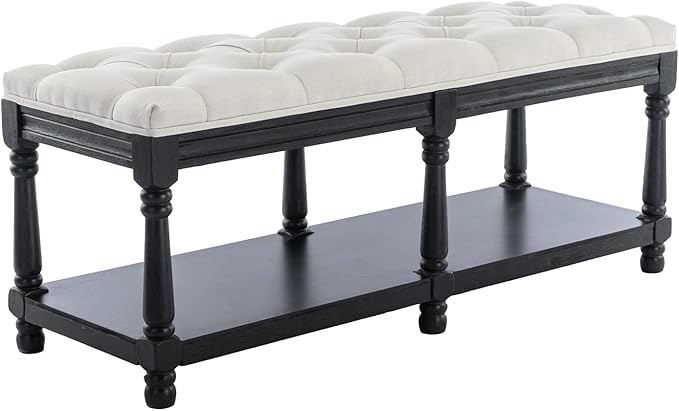 Farmhouse Storage Bench Wooden Entryway Linen Upholstered Ottoman Button Tufted