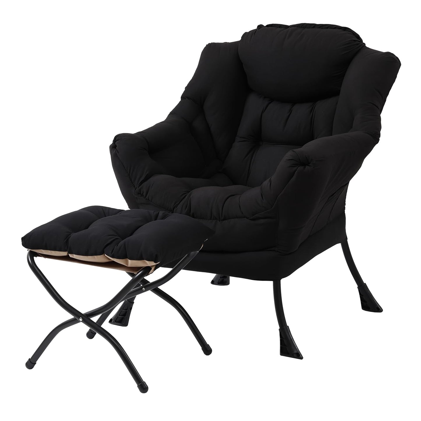 Welnow Lazy Chair with Ottoman, Modern Accent Chair with Armrests and a Side Pocket, Leisure Sofa Armchair Set, Reading Armchair with Footrest for Small Space, Black