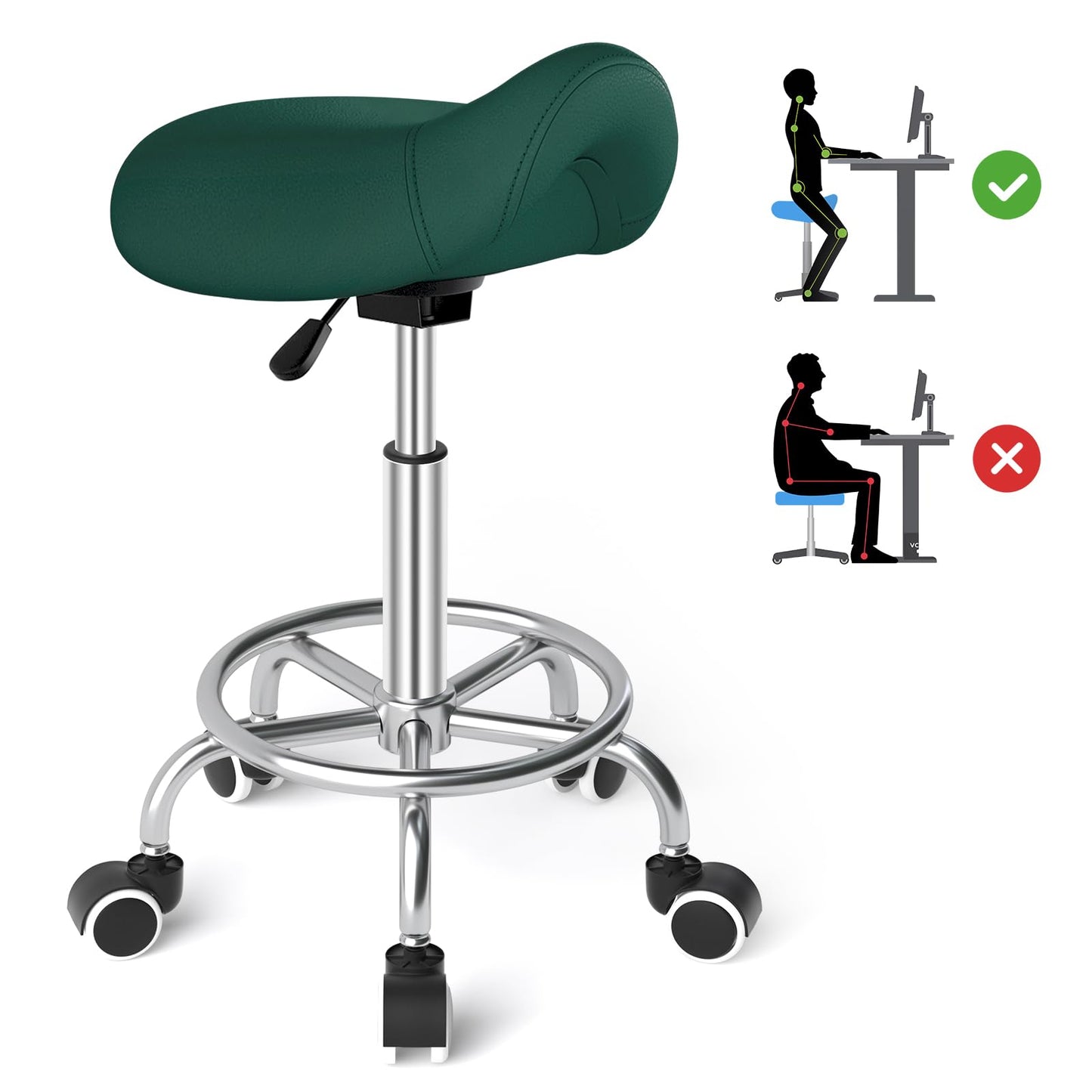 YEEZEE Saddle Stool Ergonomic- Comfortable Rolling Saddle Stool with Wide Thick Saddle Seat Padding, Swivel Adjustable Saddle Chair with Wheels and Ring Pedal for Medical Massage Salon (Green)