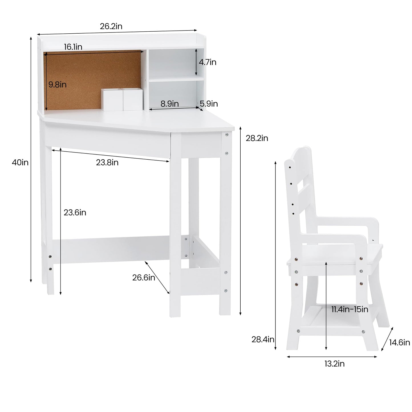 GarveeHome Kids Corner Desk and Chair Set, Children Study Table with Bookshelf, Bulletin Board, and Pen Holder, Writing Table for Boys and Girls, White
