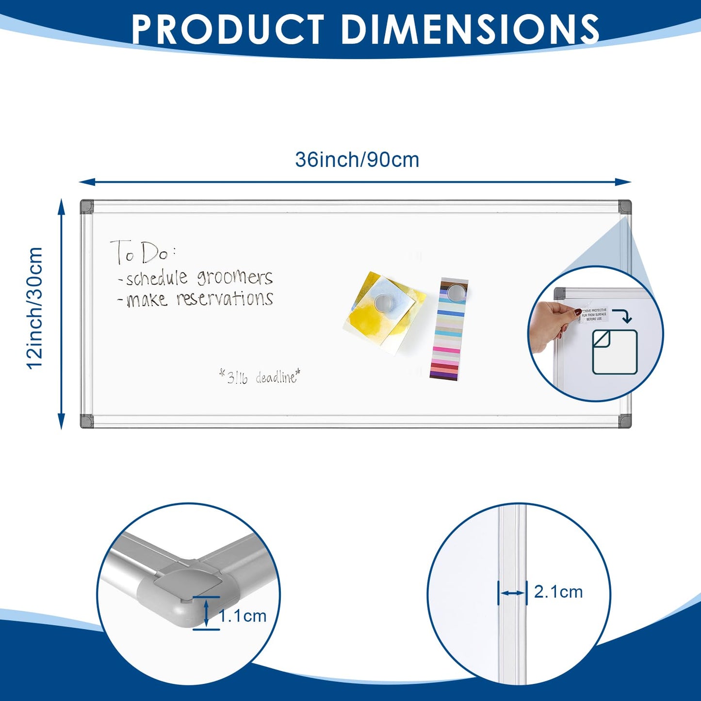 36" x 12" Magnetic White Board, Long Whiteboard Wall Hanging Vertical Board, to-do List Narrow Mini Small Portable Dry Erase Board for Walls