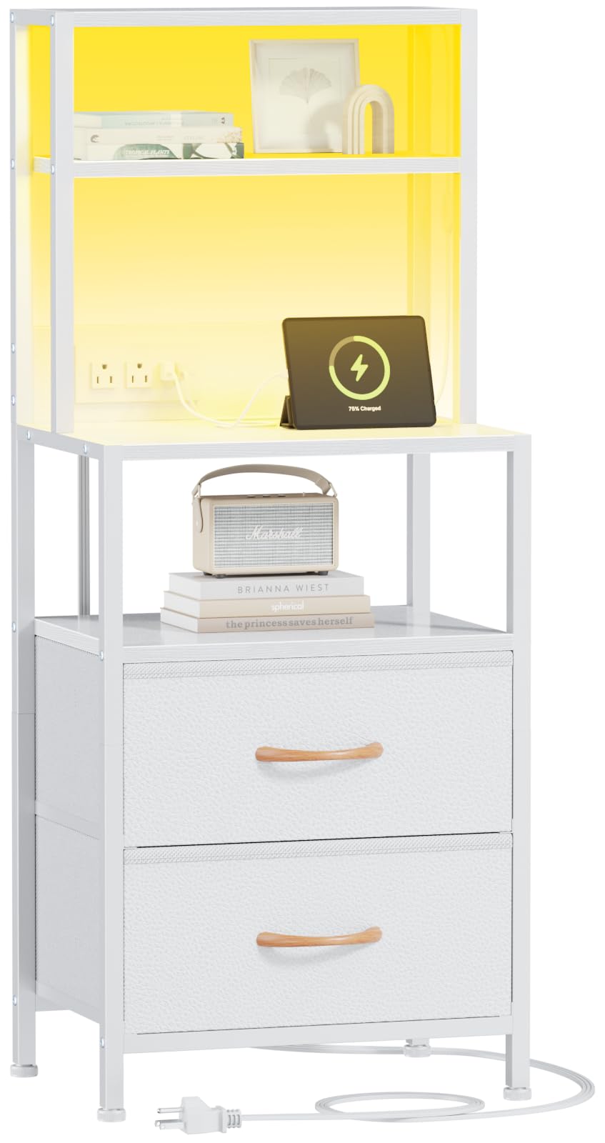 Furnulem Night Stand, Tall White Nightstand with 4-Tier Shelves, 2 PU Fabric Drawers and Led Lights, Bed Side Tables with Charging Station, Bedside Table for Bedroom