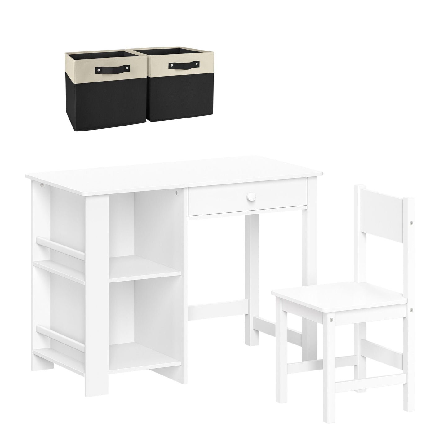 RiverRidge Kids Chair and Desk Set with Storage Cubbies, Drawer & Bookracks - Art Table Desk for Bedroom Table with 2 Folding Fabric Black Storage Bins