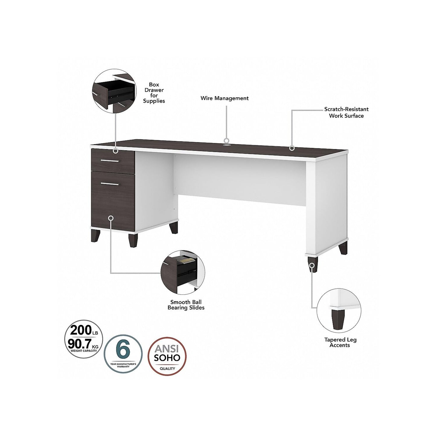 Bush Home Somerset 72W 3 Position Sit to Stand L Shaped Desk with Hutch and File Cabinet in White and Storm Gray