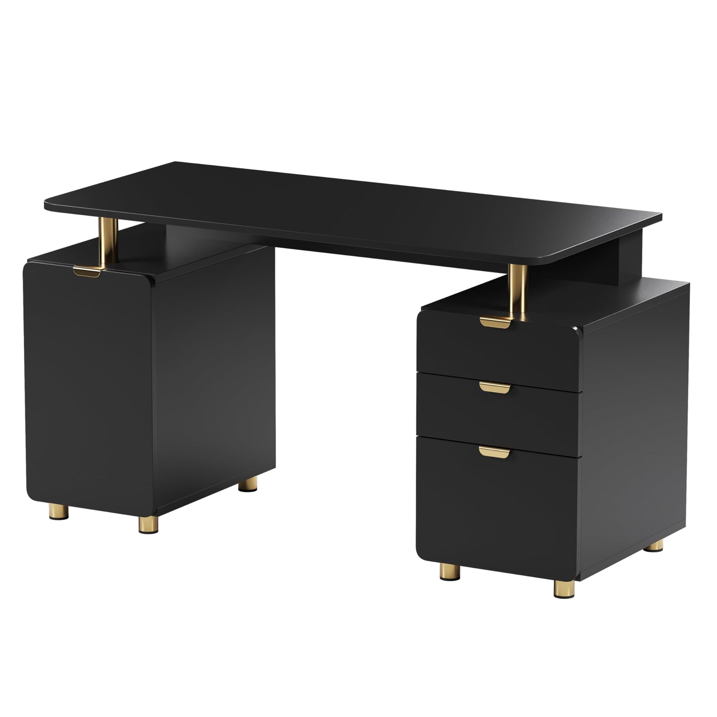 Elegant 57" W Executive Desk with 3 Drawers and Storage Cabinet, Modern Office Desk with Gold Accents, Floating Work Surface, Closed Storage with Ventilation & Adjustable Shelf (Black,Gold)