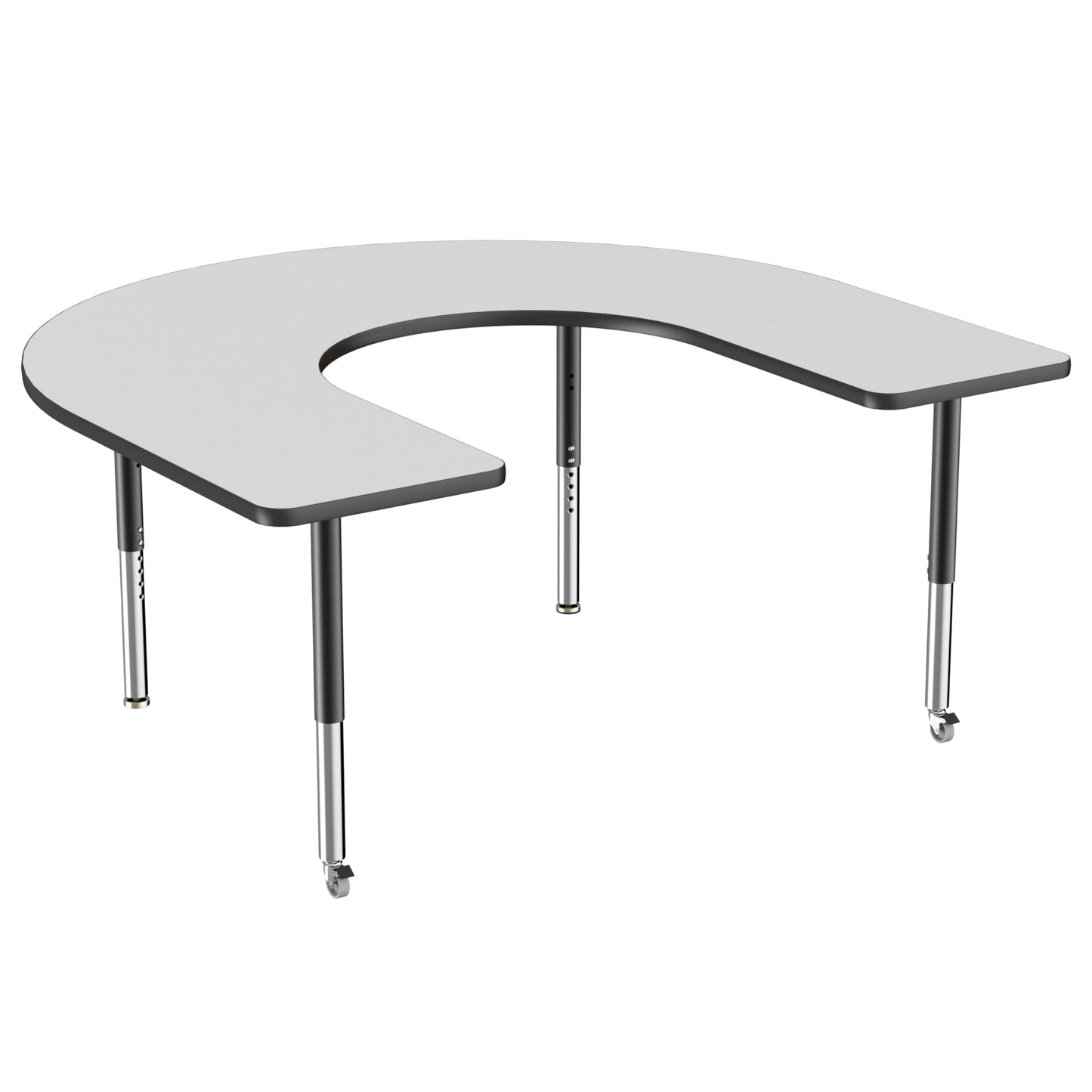FDP Mobile Horseshoe Activity School and Office Table (60 x 66 inch), Super Legs with Glides and Casters for Collaborative Environments, Adjustable Height 19-30 inches - Gray Top and Black Edge