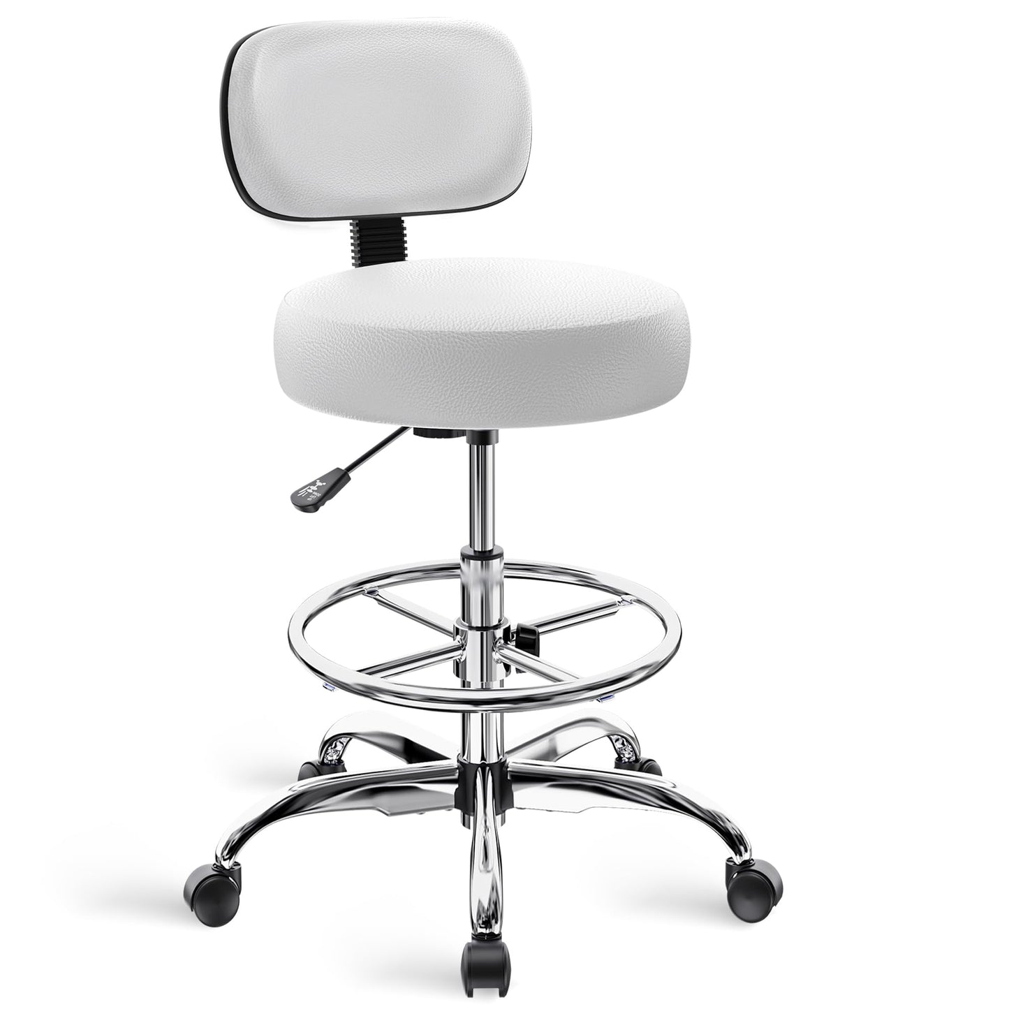 SUPERJARE Drafting Chair with Back, Adjustable Foot Rest Rolling Stool, Multi-Purpose Office Desk Chair, Thick Seat Cushion for Home Bar Kitchen Shop - White