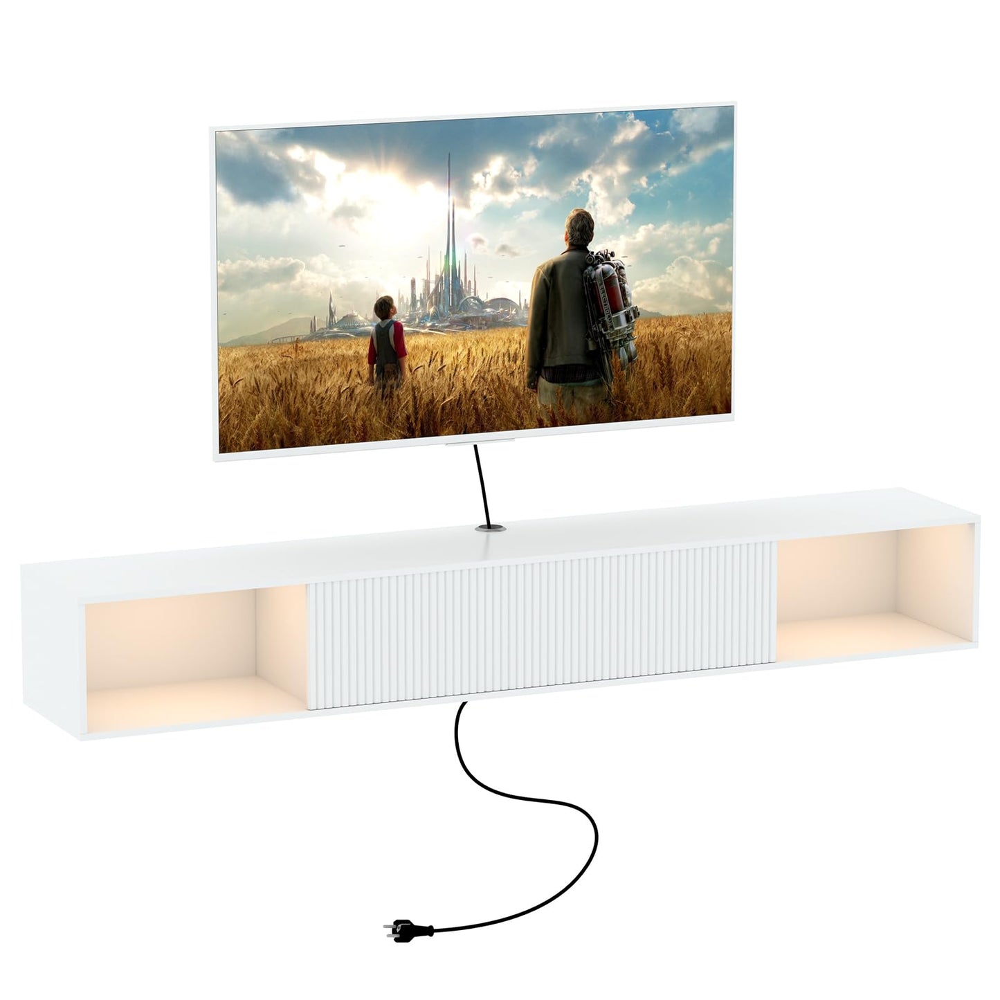 Katrawu 55" Floating TV Stand with LED Light, Floating TV Stand Wall Mounted, Floating Entertainment Center with Storage Long for Bedroom, Wood Floating TV Shelf for Living Room (White)