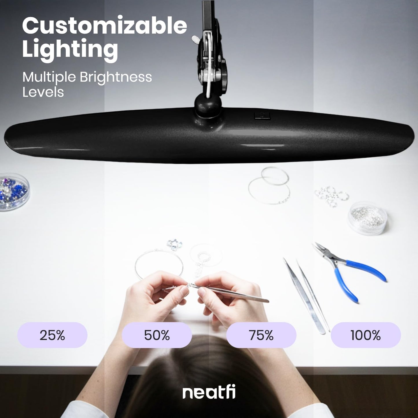 Neatfi XL 2200 Lumens 24W LED Desk Lamp – Shadow-Free Task Lighting | 4-Level Dimming | Home Office & Crafts Use | 20-Inch Wide Head (Black, Non-CCT with Clamp)