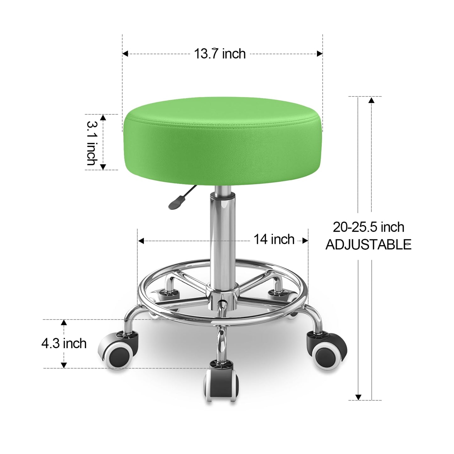Rolling Stool, Heavy Weight Capacity 250lb, PU Leather Rolling stools, Ultra Soft Padded Seat, Rolling Stools with Wheels and Footrest, 360° Swivel, Spa Drawing Salon Work Office Tattoo Stool (Green)
