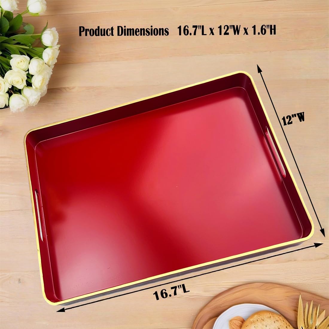 UOEKCS Large Red Tray, Elegant Plastic Coffee Table Tray for Ottoman, Home Decor, Living Room.16.7"*12"*1.6"