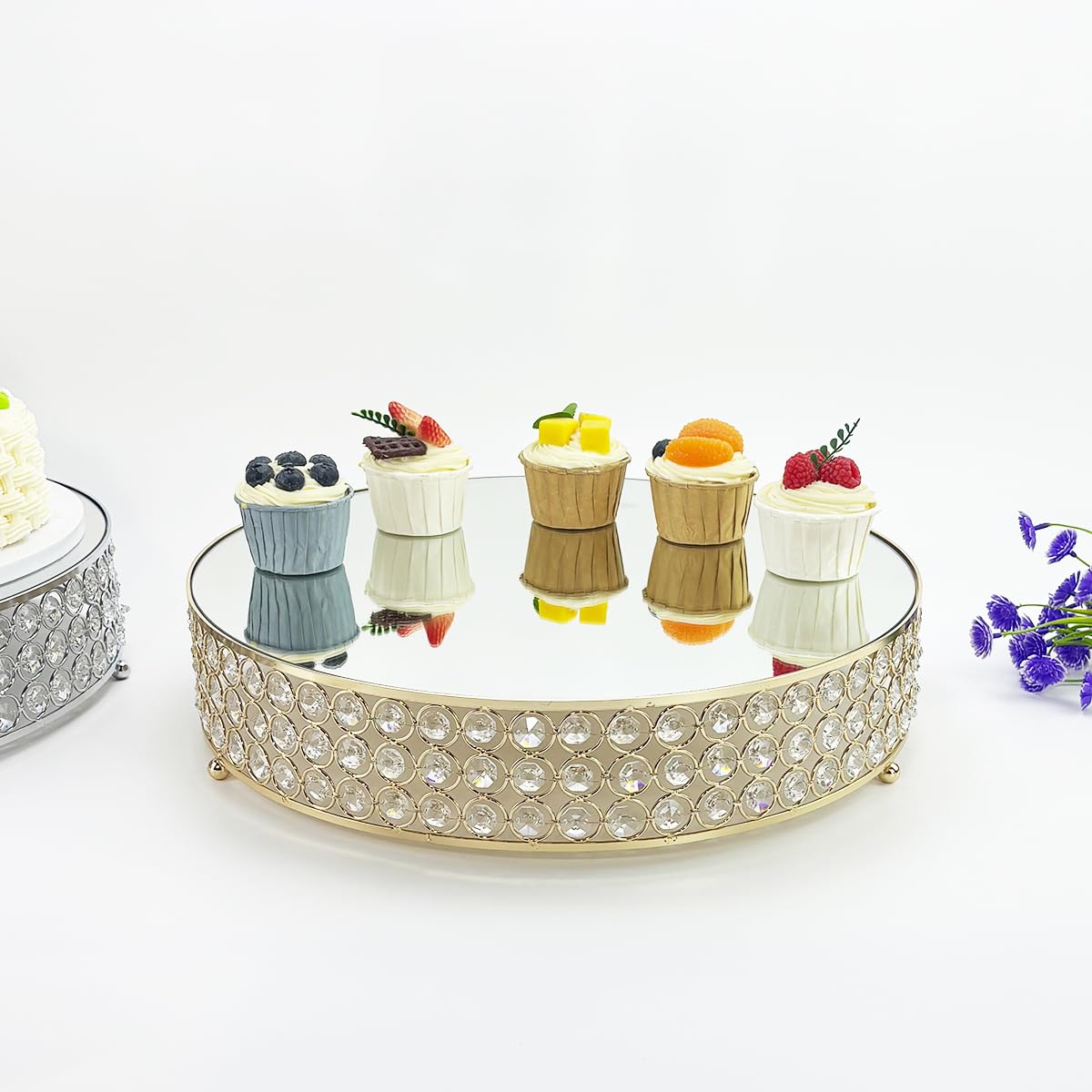 FEICTPOX Metal Cake Stand with Mirror Top Plate Beaded Crystal Display Cake Pedestal,Baking Party Supplies Centerpiece,Gold 16 Inch