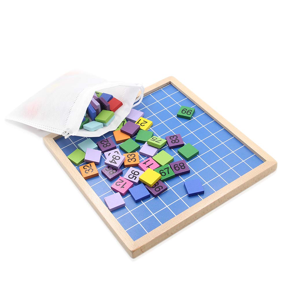 MERRYHEART Wooden Math Learning Board Toy, Montessori 1-100 Consecutive Numbers Wooden Hundred Digital Board, Educational Game for Kids with Storage Bag