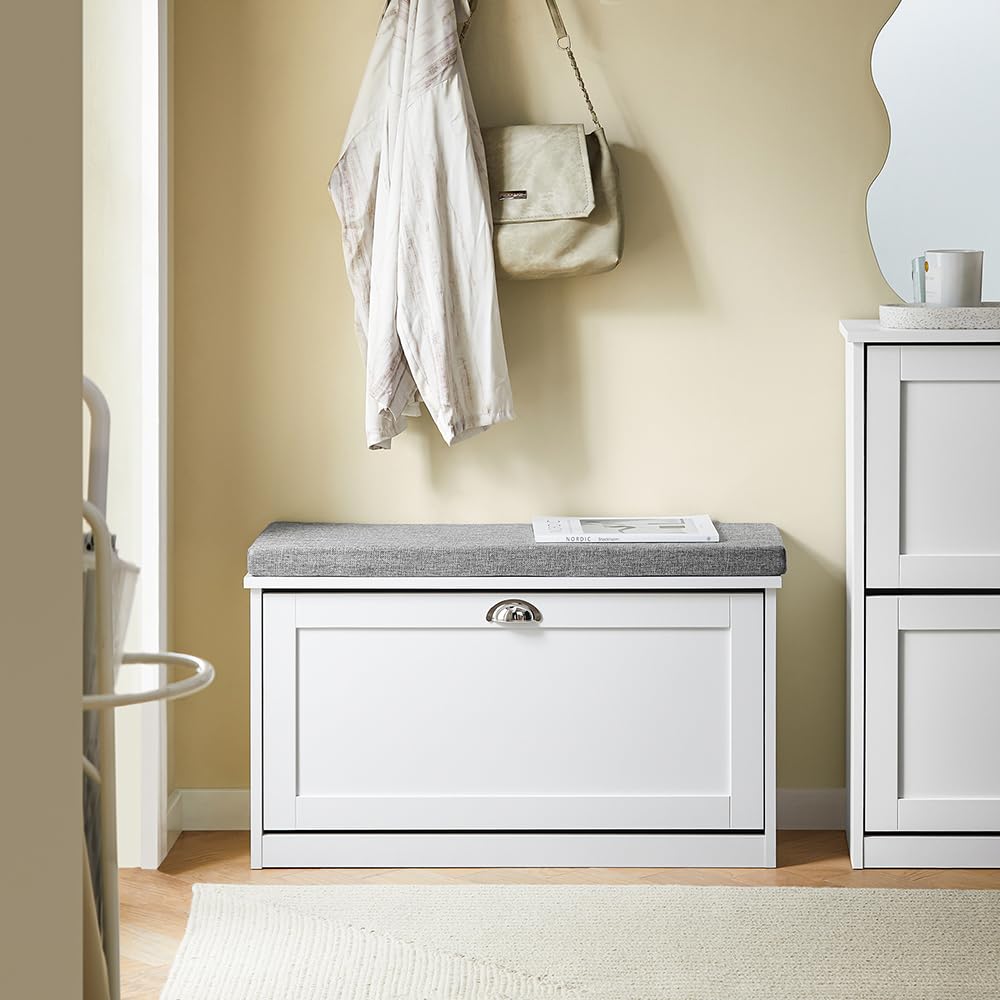 Haotian Small Shoe Cabinet Bench, Modern Shoe Storage Solution with Padded Cushion, 1 Flip Drawer for Narrow Entryway, White FSR195-W