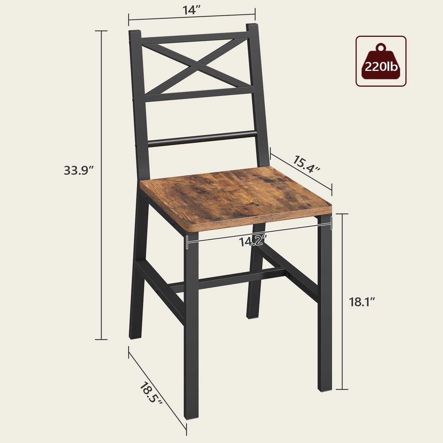MAHANCRIS Dining Chair Set of 4, Rustic Wooden Kitchen Chairs with Backrest, Farmhouse Dining Chairs for Kitchen, Industrial Style Chair with Metal Frame, Easy Assembly, Rustic Brown TBHR1001S4