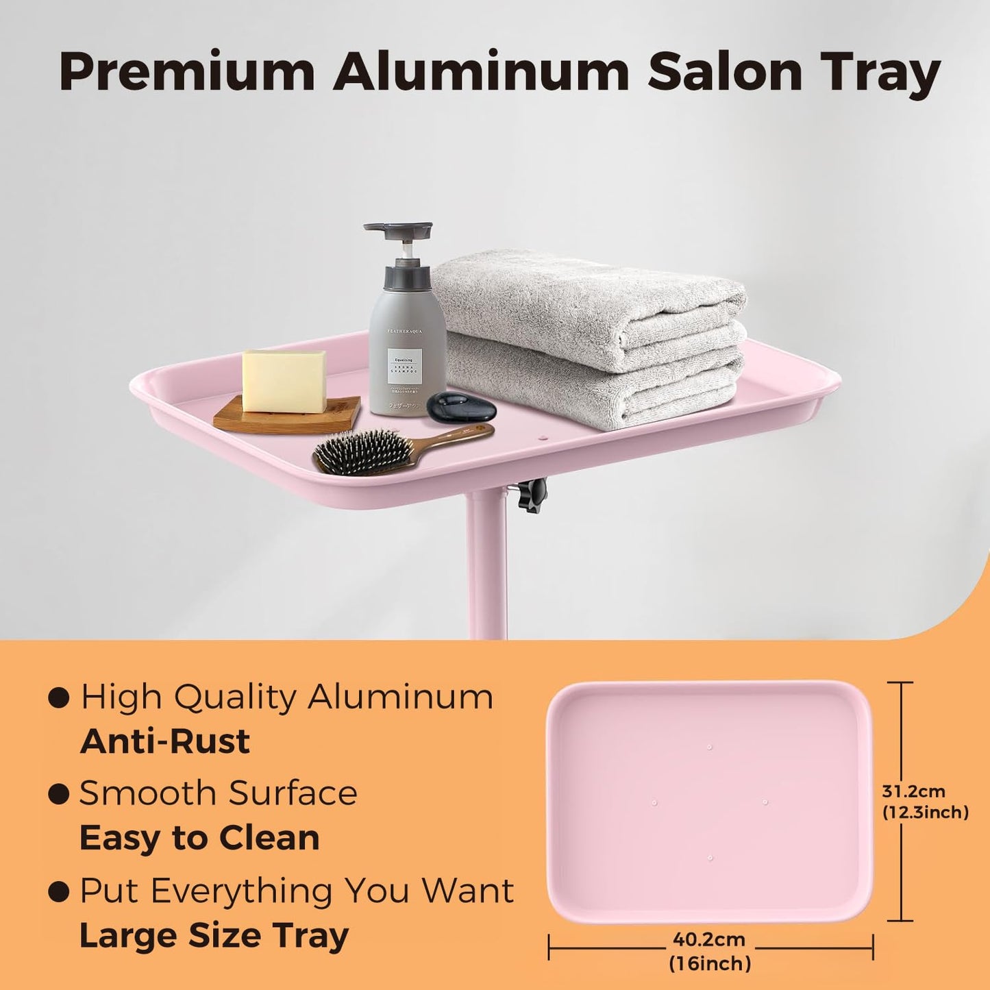 VERYTOP Back-Saving Salon Tray on Wheels, Adjustable Height (25-36inch) Rolling Cart for Hair Stylists, Tattoo Artists, Lash Techs—Spa Clinic Home Salon Trolley (36inch-Pink, 12.3×16inch)