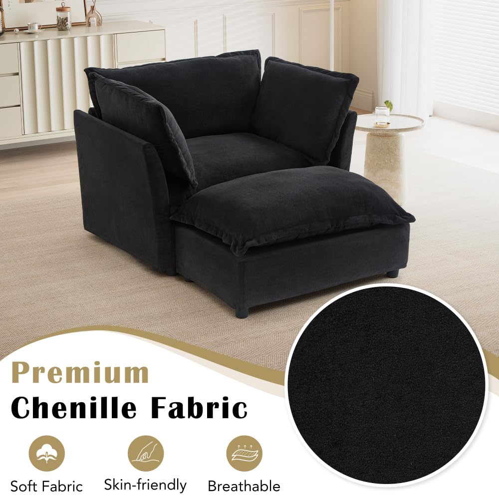 Asmeten Modern Armchair Sofa 47" Cozy Upholstered Sofa Chair with Movable Ottoman, Wide Seat, Curved Armrests and Soft Pillows for Living Room, Bedroom,Green (Black + Chenille + Foam + 2 Seat)
