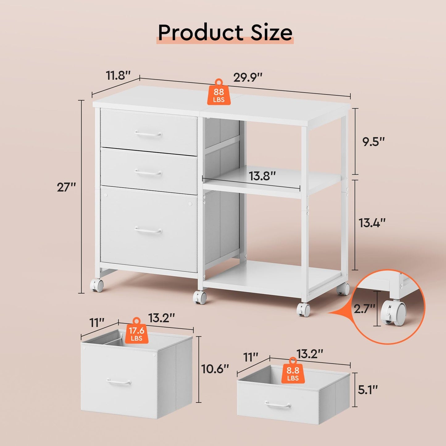 Maihail 3 Drawer File Cabinet with Wheels Rolling Printer Stand with Open Storage Shelf Fabric Lateral Filing Cabinet for Home Office,White