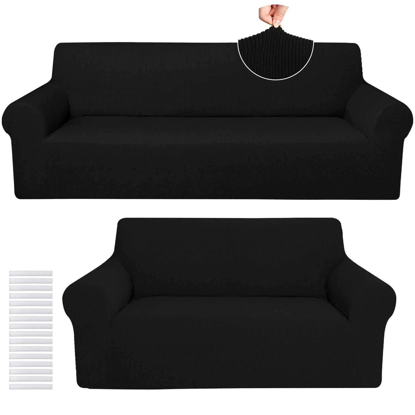 Peryiter 2 Pcs Sofa Covers Couch and Loveseat Covers Set Stretch Sofa Slipcover for Living Room Armchair Furniture Protector, Wrinkle Proof(Black,Jacquard)